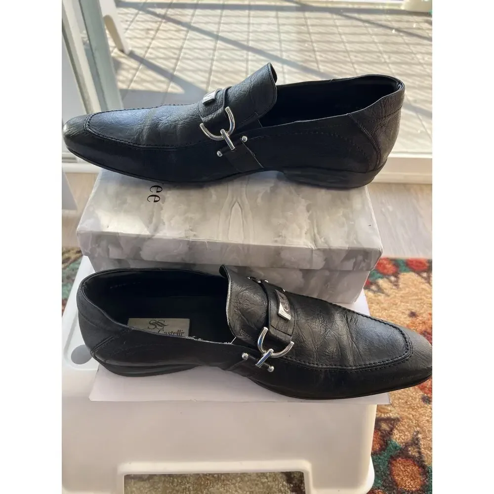 Stefano Castelli Men's  black Leather Loafers Shoes  EU 44  steel  buckle Italy